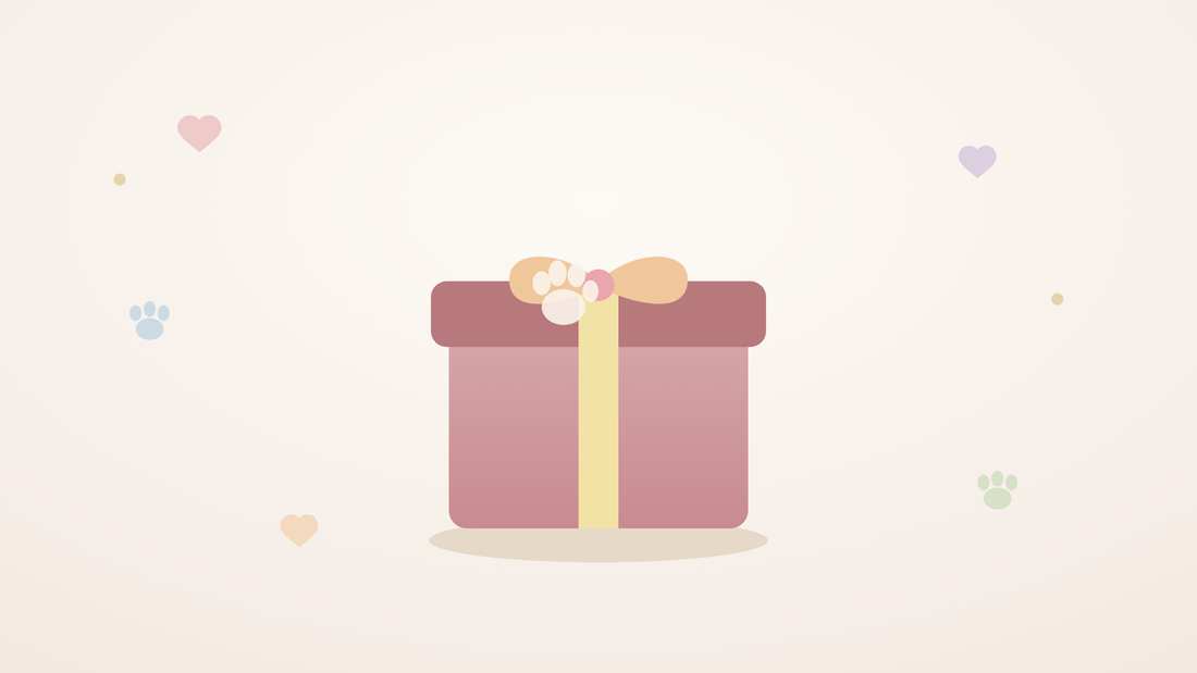 Illustration of a gift box with a bow and a paw print, surrounded by hearts