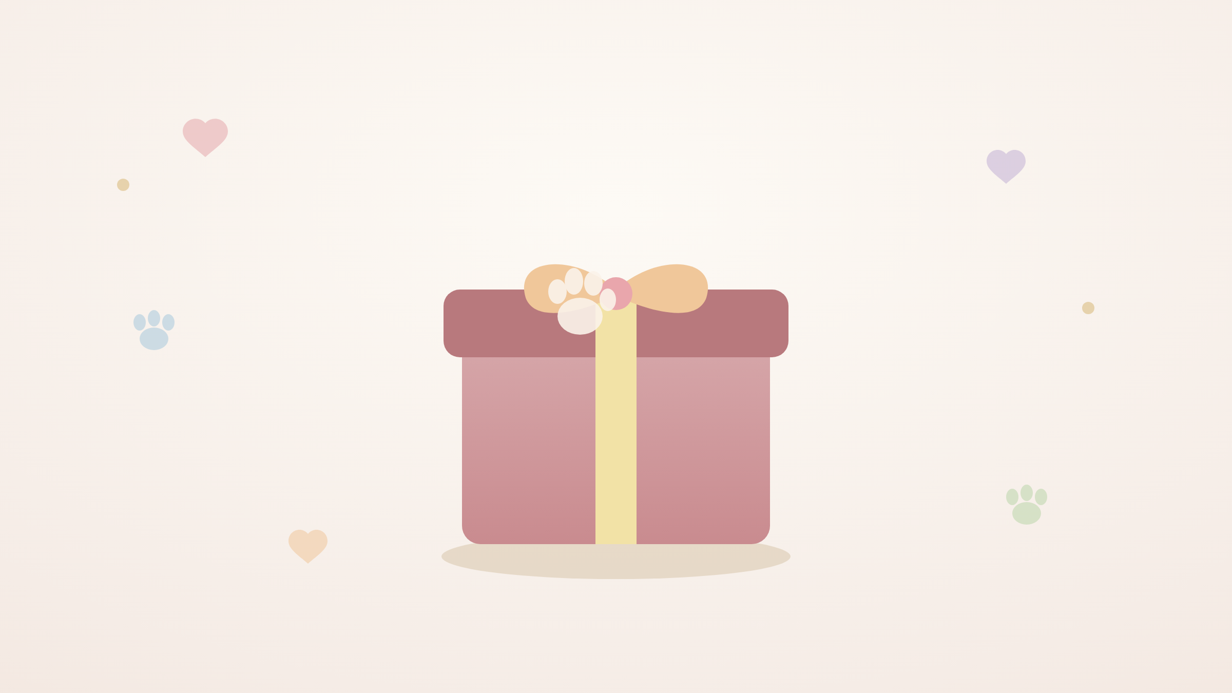 Illustration of a gift box with a bow and a paw print, surrounded by hearts