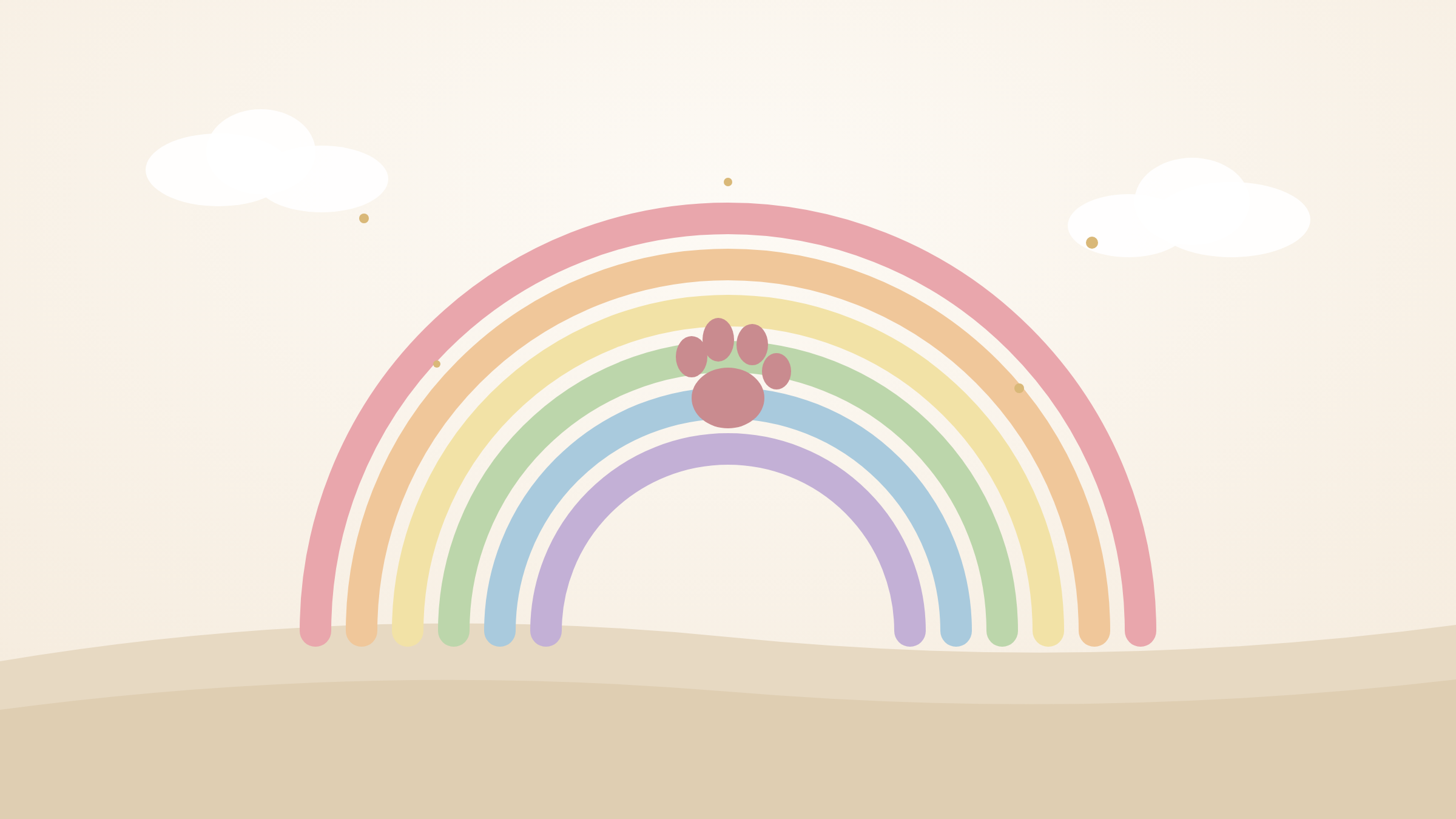 Soft illustration of a pastel rainbow with a paw print at its center
